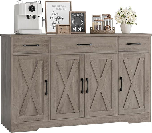 HOSTACK Buffet Sideboard Cabinet with Drawers, 55" Large Buffet Storage Cabinet with Shelves and Doors, Modern Farmhouse Coffee Bar Station for Kitchen, Dining Room, Ash Grey