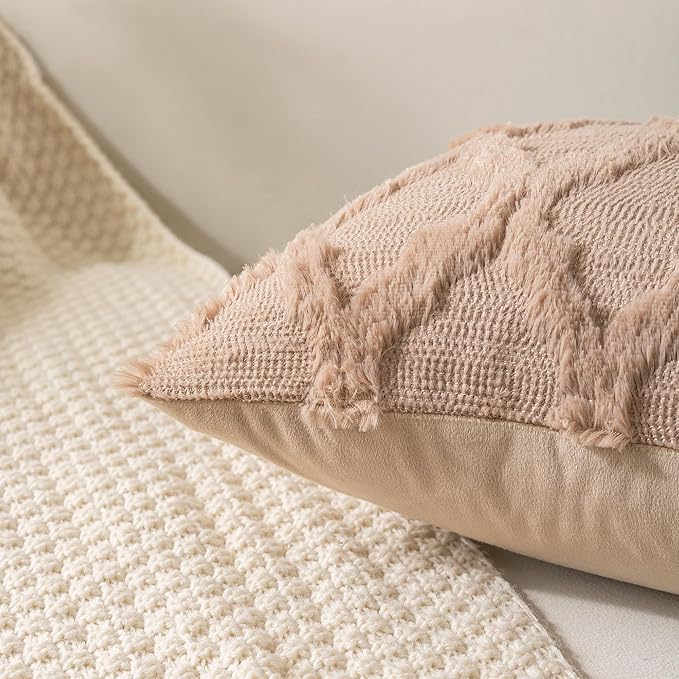 Set of 2 Soft Moroccan Throw Pillow Covers 22x22 Inch Plush Boho Decorative Pillow Cover Accent Cushion Case for Couch Sofa Bed, Light Brown