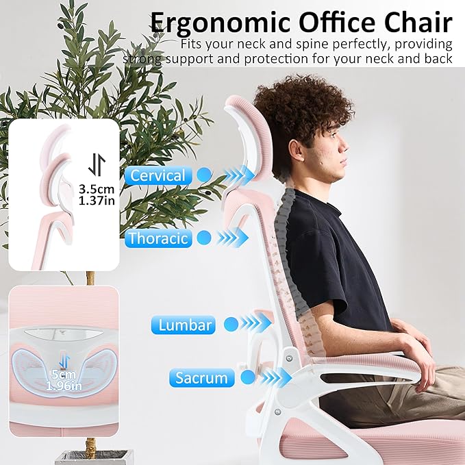 Fizzin Ergonomic Office Chair,Ergonomic Desk Chair with Headrest Pink Computer Chair with High Back Adjustable Lumbar Support, Rolling Swivel Chairs with Wheel Armrests for Home Office(Pink)