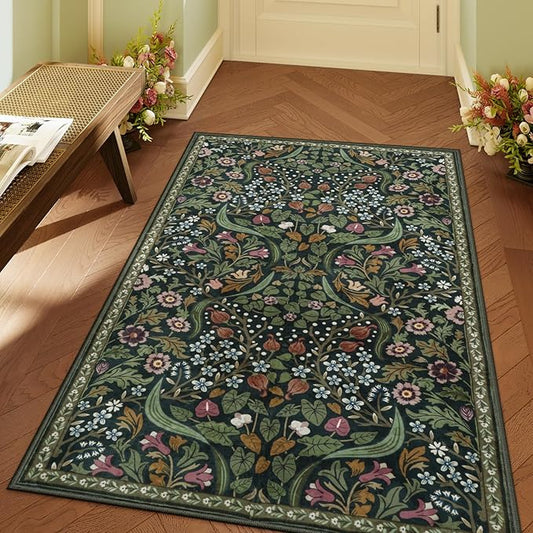 Lahome Floral 3x5 Rugs for Entryway, Botanical Green Machine Washable Boho Throw Rugs for Entrance, Non-Slip Maximalism Stain-Resistant Soft Carpet for Bedroom, Kids Room, Dorm
