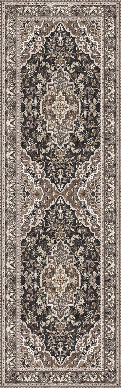 Washable Runner Rug 2.5x10 | Non Slip Rug Runners for Hallways, Entryways, Kitchens, Bathrooms, Bedrooms | Ultra-Soft Flannel Carpet Runners with Rubber Backing (Black Brown, 2.5x10)