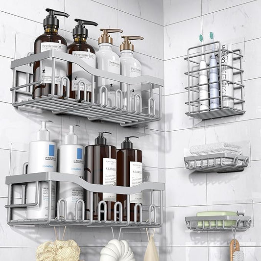 5-Pack Rustproof Stainless Steel Shower Caddy Set– No Drill Adhesive Bathroom Organizer, Space-Saving Shower Shelves for Apartment Essentials, Bathroom/Kitchen Storage Home Decor-L Size