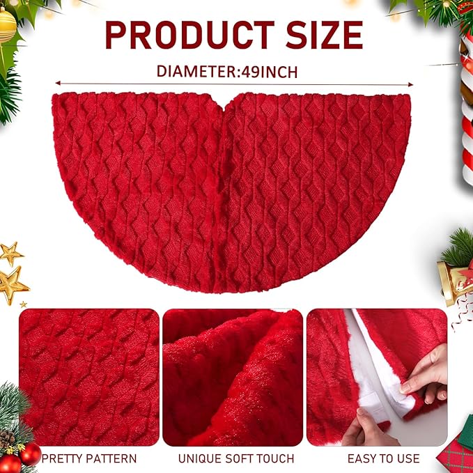 Christmas Tree Skirt 48 inches Faux Fur White Christmas Tree Skirt for Christmas Tree Decorations Winter Holiday Home Christmas Party Ornaments (Red/Diamond)
