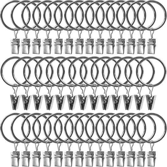 40 Pack Curtain Rings with Clips, Drapery Clips with Rings, Drapes Rings 1.26 in Interior Diameter, Fits up to 1 Inch Curtain Rod, Silver