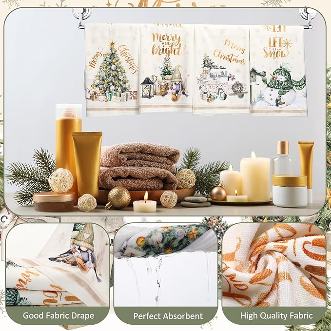 8 Pcs Christmas Shower Curtain Set Xmas Santa Bathroom Decoration Christmas Tree Hand Towels Snowman Toilet Lid Cover Bathroom Rugs Xmas Shower Curtain with Hooks (Vintage Style)