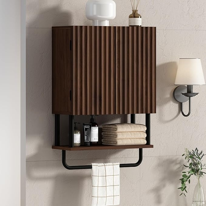 RUSTOWN Farmhouse Bathroom Wall Cabinet with 2 Door, 3-Tier Curved Profile Wooden Medicine Cabinet, Wall Mounted Storage Cabinet with Adjustable Shelf and Towel Bar (Dark Walnut, Small)
