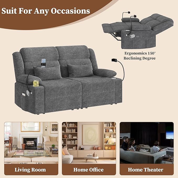 Home Theater Seating，RV Reclining Sofa Set with Adjustable Headrest， Recliner Sofa with Heat and USB&Type-C, Dawer & Cup Holders, 150° Recline for RV & Living Room(Loveseat Grey)