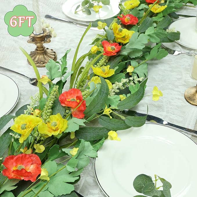 6FT Summer Garland for Decoration, Summer Green Eucalyptus Flower Garlands for Mantle Table Wedding Decor, Fake Vines Greenery Easter Garland Room Garden Backdrop Floral Arch Wall Farmhouse Home Decor