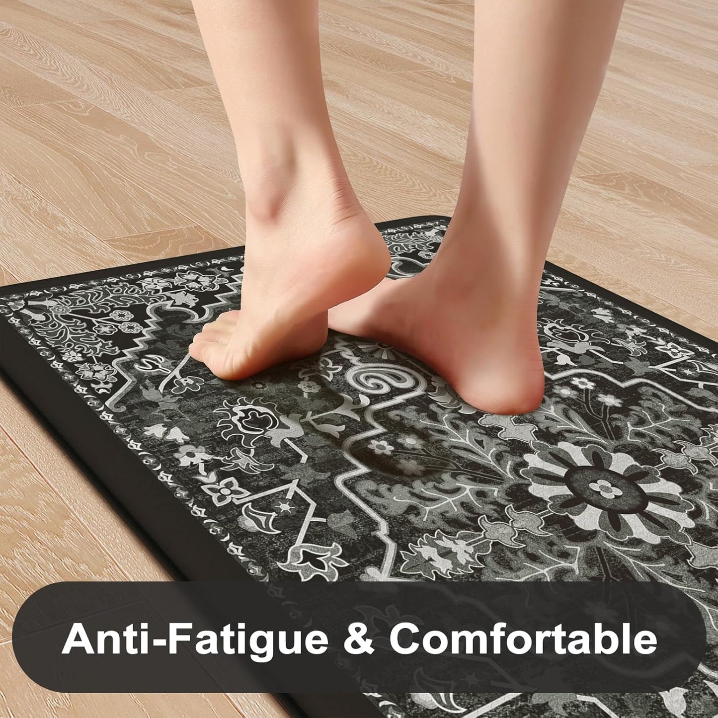 KIMODE Kitchen Mats Cushioned Anti Fatigue, Boho Vintage Kitchen Rugs Sets of 2, Non Slip Kitchen Mats for Floor, Memory Foam Kitchen Floor Mat for Sink Laundry Desk Black Multi 17"x47"+17"x29"