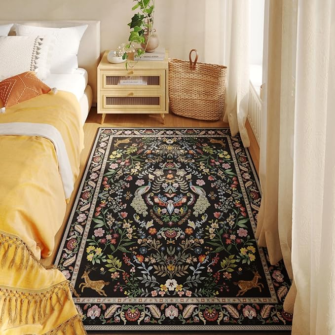 Area Rug 4x6 Rug Washable Rugs Floral Non Slip Low Pile Small Carpet for Bedroom, Bedside, Kids Room, Office, Dining Room (Vibrant Black)