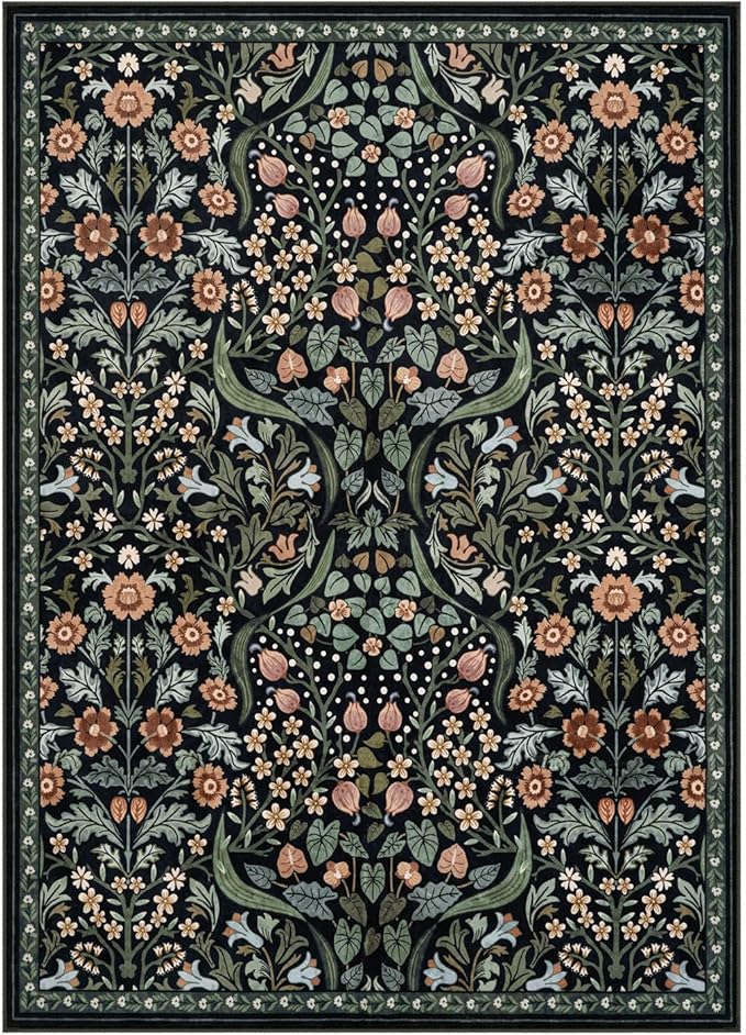 Lahome Floral 5x7 Rug for Living Room, Soft Washable Area Rugs for Bedroom, Botanical Thin Stain-Resistant Black Boho Carpet for Dining Room, Guestroom, Nursery Indoor