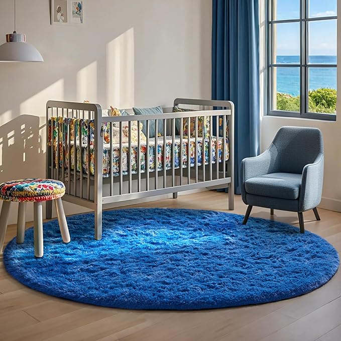 Ophanie Round Rug 6Ft Blue Circle Area Rug, Boys Room Decor, Fluffy Fuzzy Bedroom Carpet, Plush Soft Shaggy Living Room Rugs for Kids Home Decor Aesthetic, Nursery