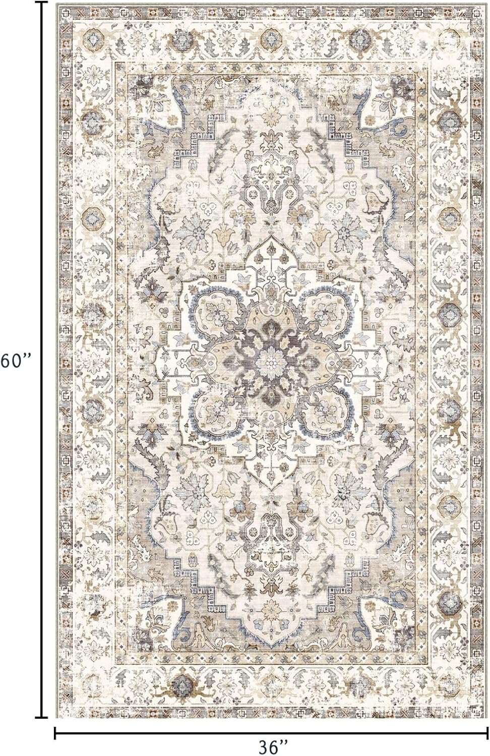 3x5 Washable Area Rug - Small Entryway Rug Non-Slip Cream Vintage Oriental Kitchen Rugs Low Pile Boho Carpet Throw Rugs for Living Room Bedroom Bathroom Entrance Dorm Office Home Decor