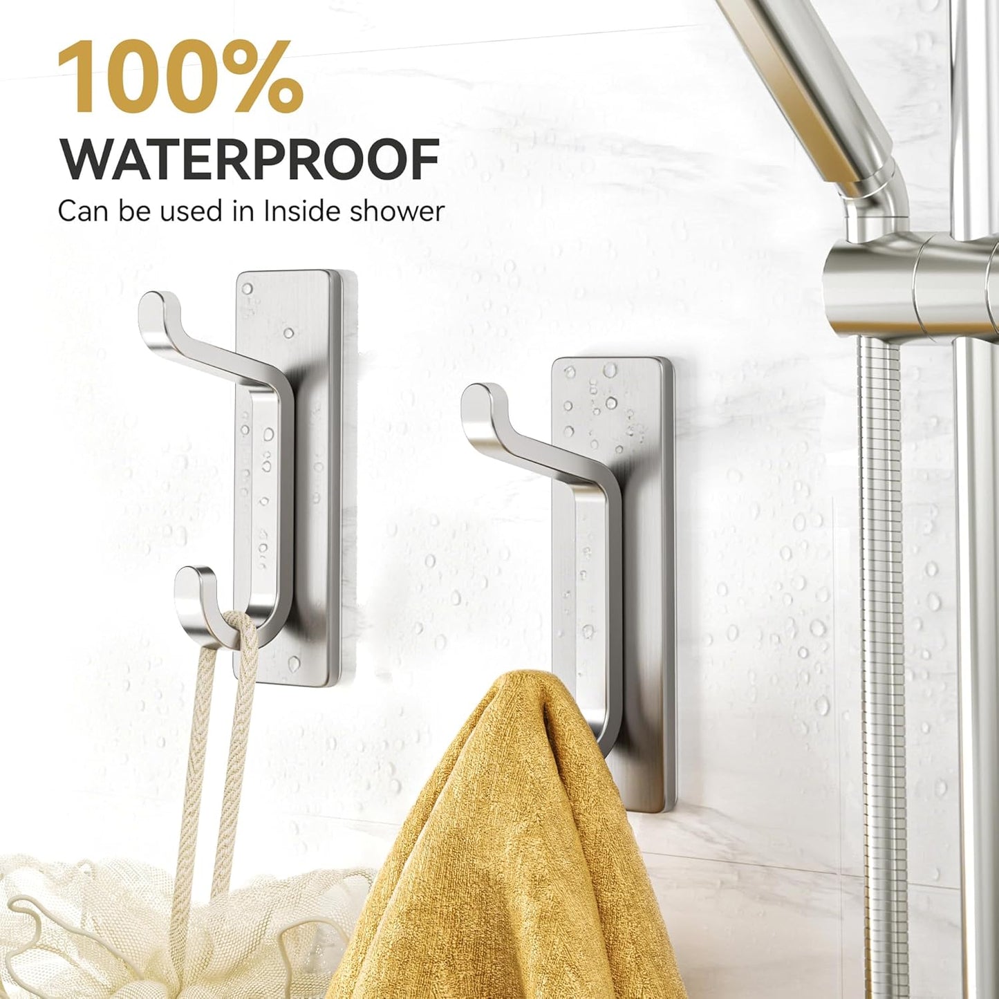 Self Adhesive Wall Hooks for Hanging: Extra Strong 13 LB, Hook for Coat, Towel in Bathrooms, Shower, Kitchen, Wall, Door Hook, Nickel Silver 4 Pack