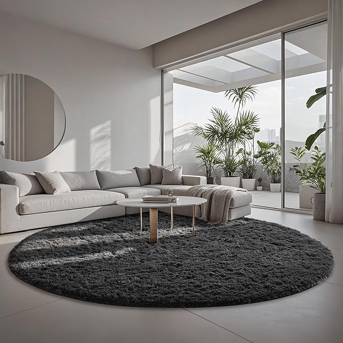 Ophanie Round Rug 8Ft Black Circle Area Rug, Room Decor for Men, Fluffy Fuzzy Bedroom Carpet, Plush Soft Shaggy Living Room Rugs for Kids Home Decor Aesthetic, Nursery