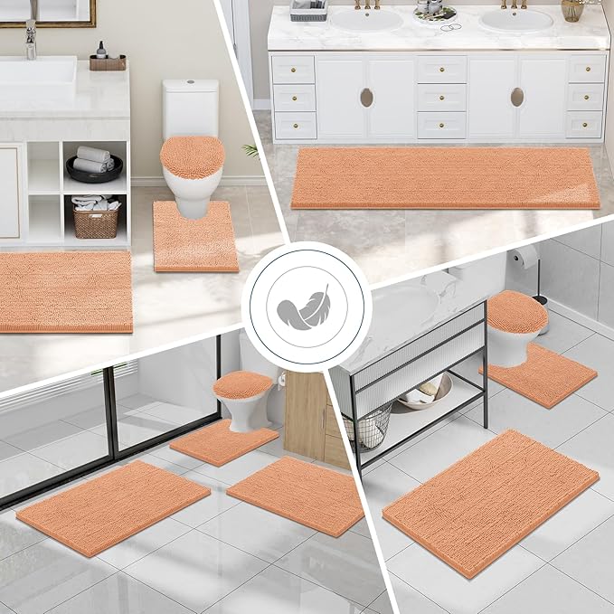 Smiry Luxury Chenille Bathroom Rugs 30x20, Extra Soft and Absorbent Shaggy Bath Mat, Machine Washable, Non-Slip Plush Carpet Runner for Tub, Shower, and Floor, Home Decor Accessories, Peach