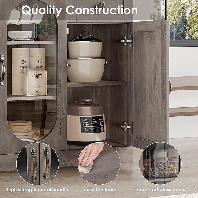 Keyluv Buffet Cabinet 55" Large Storage Coffee Bar with Drawer and Shelves, 3 Spacious Shelves Behind Glass Doors Sideboard Cabinet, Farmhouse Furniture for Kitchen/Dining/Living Room, Washed Brown