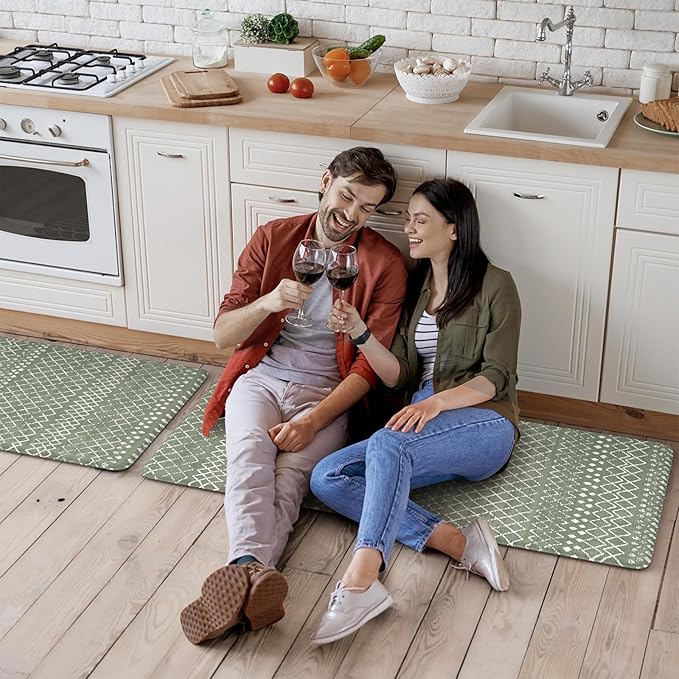 KIMODE Kitchen Anti Fatigue Mats, Green Farmhouse Kitchen Rugs Sets of 2, Memory Foam Kitchen Mats for Floor, Waterproof Standing Mat for Sink Laundry Office Desk 20"x47"+20"x32"