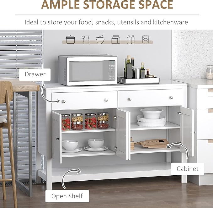 HOMCOM 47" Coffee Bar Cabinet, Sideboard Buffet, Accent Kitchen Cabinet with Adjustable Shelves and Drawers for Living Room, White