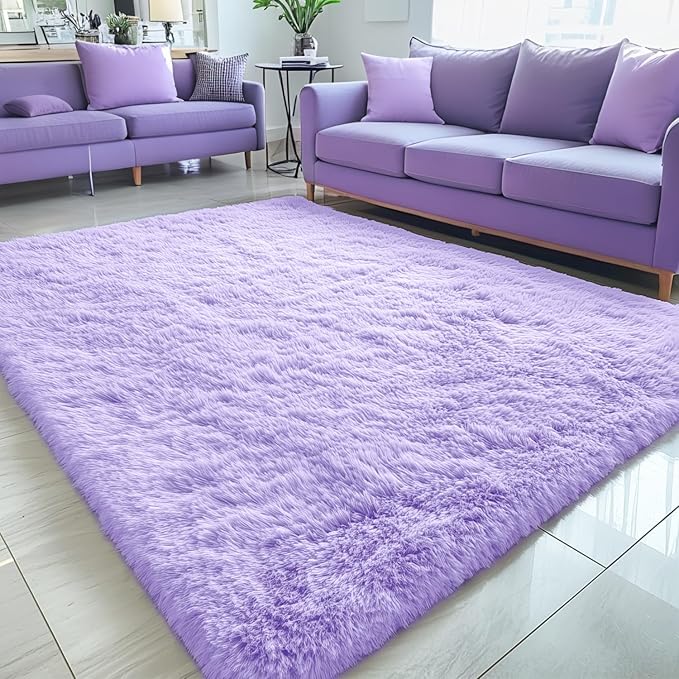 OLANLY 5x7 Machine Washable Large Area Rugs for Living Room, Bedroom, Soft Fluffy Shaggy Bedside Rug, Indoor Floor Carpet for Kids Girls and Boys, Dorms, Nursery, Home Decor Aesthetic, Light Purple