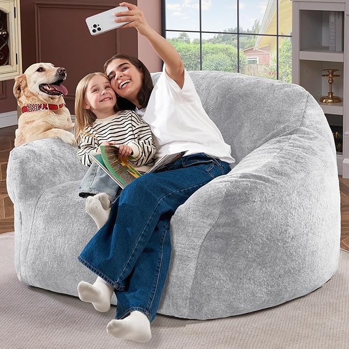 Homguava Beanbag Chair Bean Bag Chairs for Adults Bean Bags Giant Bean Bag Sofa with Spacious Cushion Bean Bag Couch with Armrest Large Bean Bag Chair with Filler for Living Room Bedroom (Light Grey)