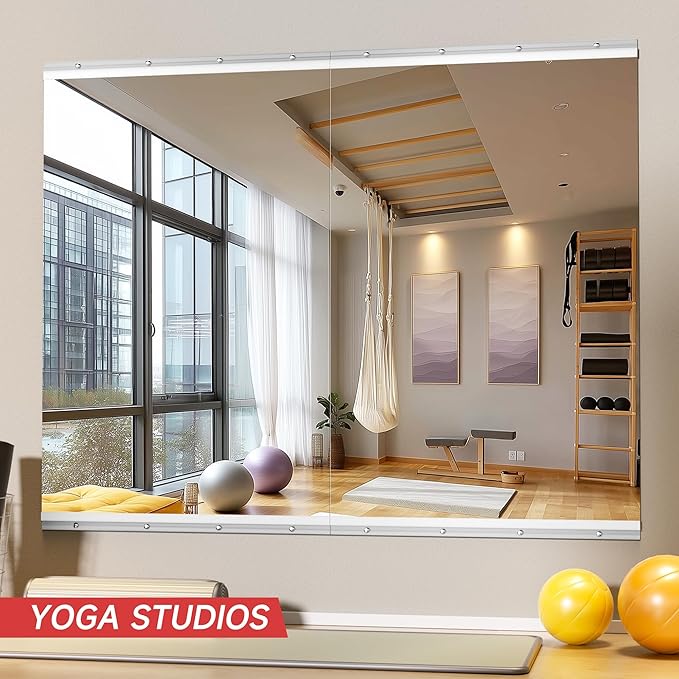 Home Gym Mirror, 48'' x 32'' x 2PCS, Large Full Body Mirror for Yoga, Frameless Tempered Glass, Wall Mounted for Home Gym, Garage, Bedroom, Bathroom