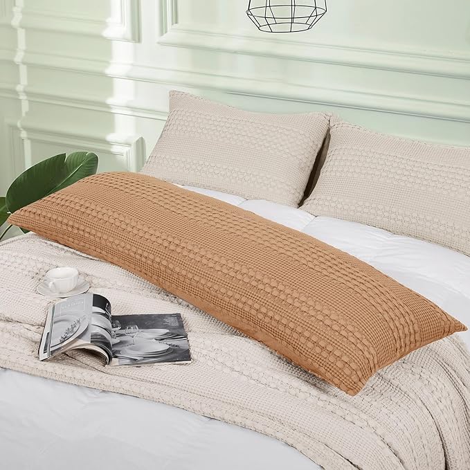PHF 100% Cotton Waffle Body Pillowcase with Zipper, 1 Pack 20" x 54" Soft Skin-Friendly Pillow Sham, No Filling, Aesthetic Woven and Breathable Waffle Weave Body Pillow Cover for Bed, Camel