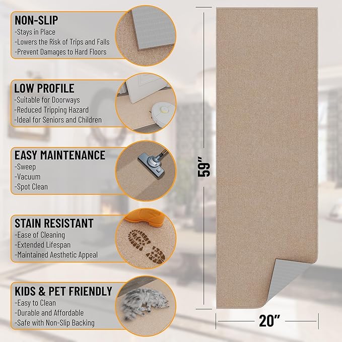 Ottomanson 20" x 59" Ultra-Thin Hallway Runner Rug - Durable Non-Slip Carpet for High-Traffic Areas - Fits Under Doors for Seamless Entry - Ideal for Kitchen, Entryway, Bedroom & Living Room, Beige
