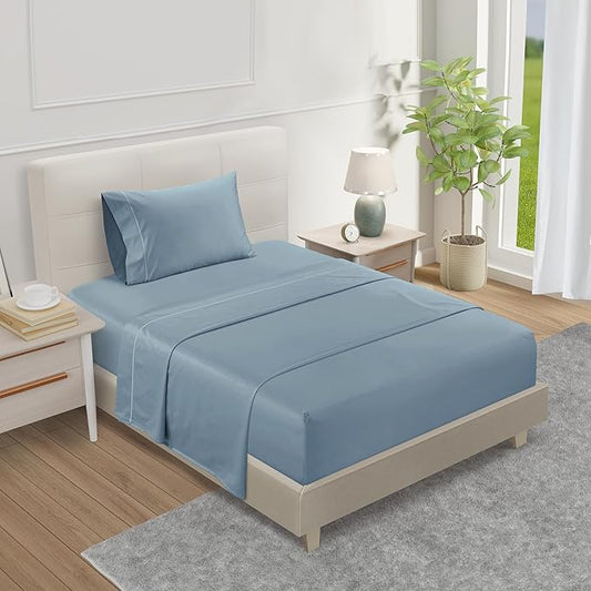 1000 Thread Count Blue Sheets For Twin Bed, 3-Piece Sateen Weave Luxury Twin Bed Sheet Set Cotton, Deep Pocket Sheet & Pillowcase Sets( Fits Upto 17"), Staple Soft Breathable Bed Sheets For Dorm Room