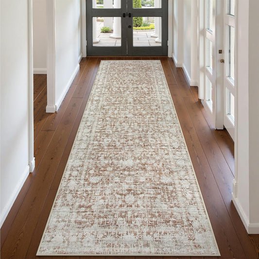 Vintage Hallway Runner Rug, 2'6"x8' Machine Washable Rug Runners for Kitchen Runner Rug Non Slip, Ultra-Thin Soft Carpet Runner for Bedroom Bathroom Laundry Room (2.6x8, Khaki/White)