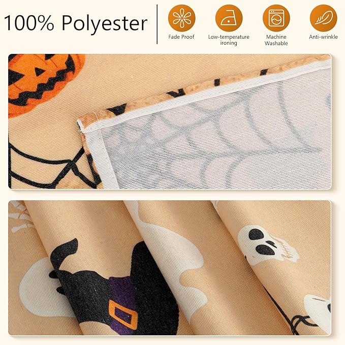 Halloween Table Runner with Ghosts, Bats, Pumpkins & Spooky Motifs, Table Decoration for Dining Party and Home Decor,48x13 inches