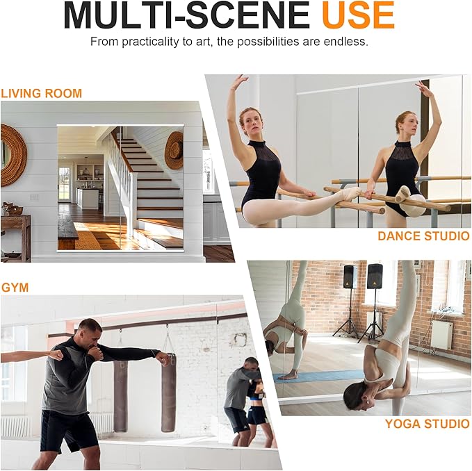 Home Gym Mirror - Large Full Body Mirror for Yoga & Fitness - 48''x24'' - 2PCS - Frameless Glass - Wall Mounted - Suitable for Home Gym, Garage, Bedroom & Bathroom (White)