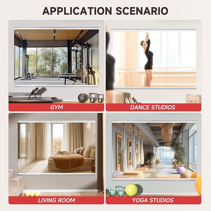 Home Gym Mirror, 48'' x 24'' x 3PCS, Large Full Body Mirror for Yoga, Frameless Tempered Glass, Wall Mounted for Home Gym, Garage, Bedroom, Bathroom