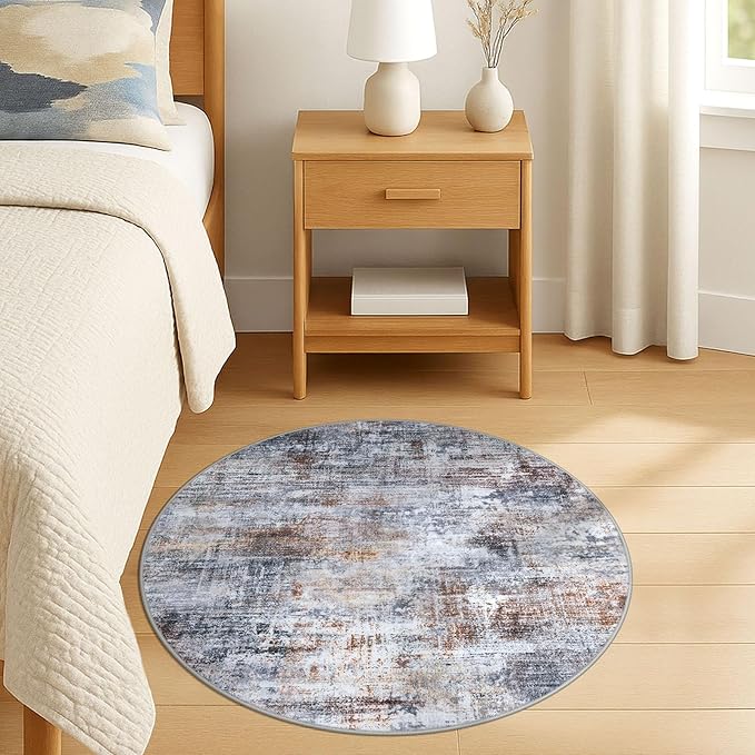 IOHOUZE Round Area Rug 3 Ft Circle Entryway Rugs Round Washable Door Mat Indoor Entrance, Non Slip Circle Front Door Rug, Printed Abstract Faux Wool Floor Carpet for Foyer Porch Sink, Orange Grey