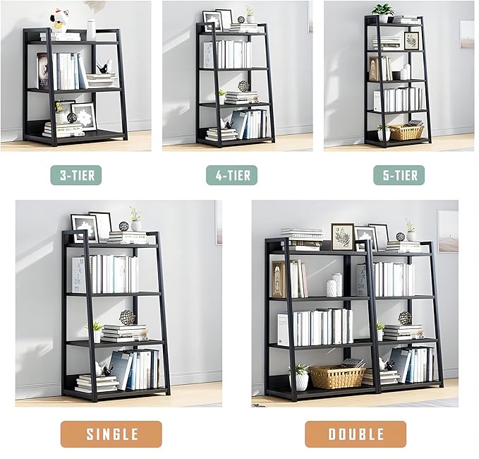 IOTXY 4 Tier Open Bookshelf - Steel and Wood Display Stand, 50CM Width Floor-Standing Bookcase, Black