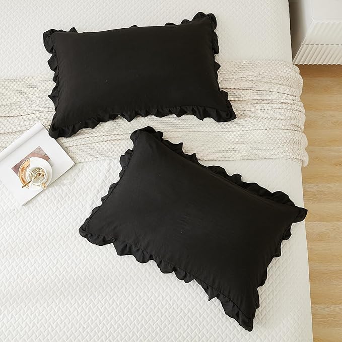 Merryword Black Pillow Shams Standard Pillowcases 20x26inch Black Ruffle Cute Pillow Cover Set of 2 Shabby Chic Soft Microfiber Pillowcases