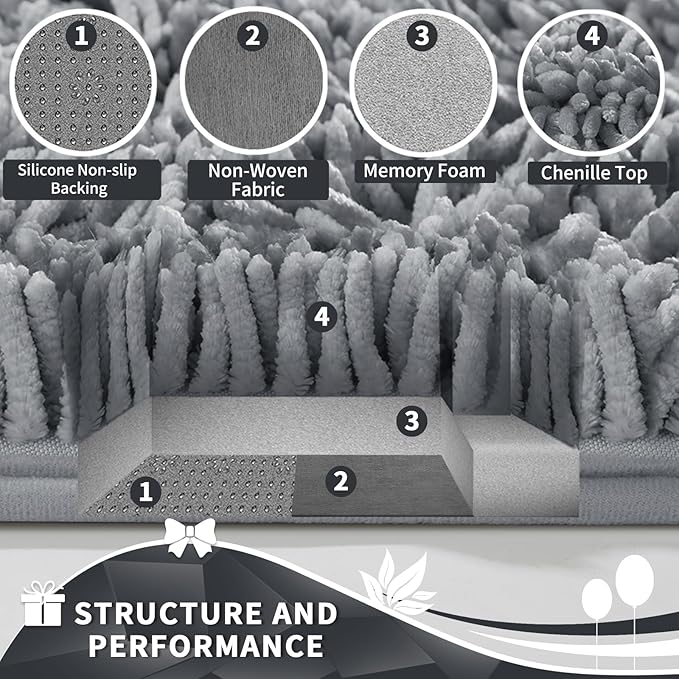 Yimobra Toilet Rugs U Shaped Washable, Extra Thick Soft Absorbent Chenille Contour Bathroom Rugs for Toilet 24x24 Inch, Quick Dry Non Slip Toilet Mat for Bath Floor, Silver