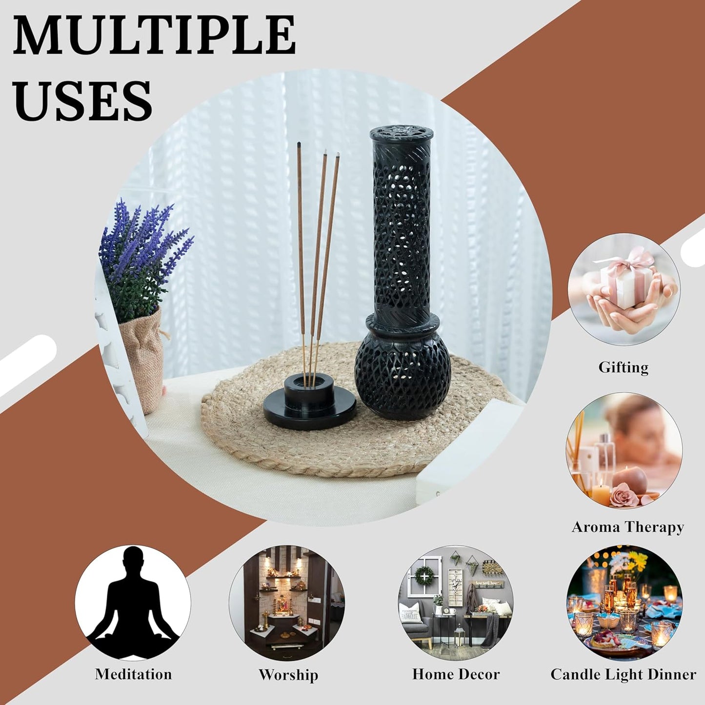 Crocon Handmade Black Marble Soapstone Incense Stick Burner Round Shape Jali and Handi Design Tower Burner | Candle Stick Holder | Decorative Home & Kitchen Best Gift Size - (2.7X2.7X9.4 Inch)