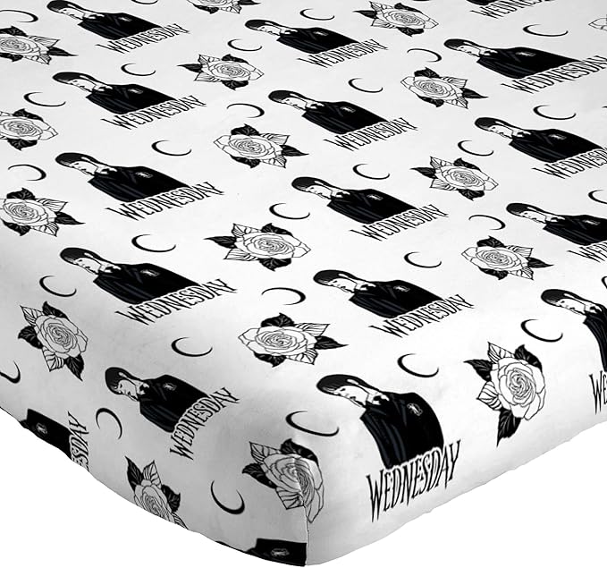 Jay Franco Sheet Set with Fitted, Flat Sheets & Pillow Cover - Ultra-Soft Bedding with Pillowcase for Room Decor, White - Wednesday, 4 Piece Full