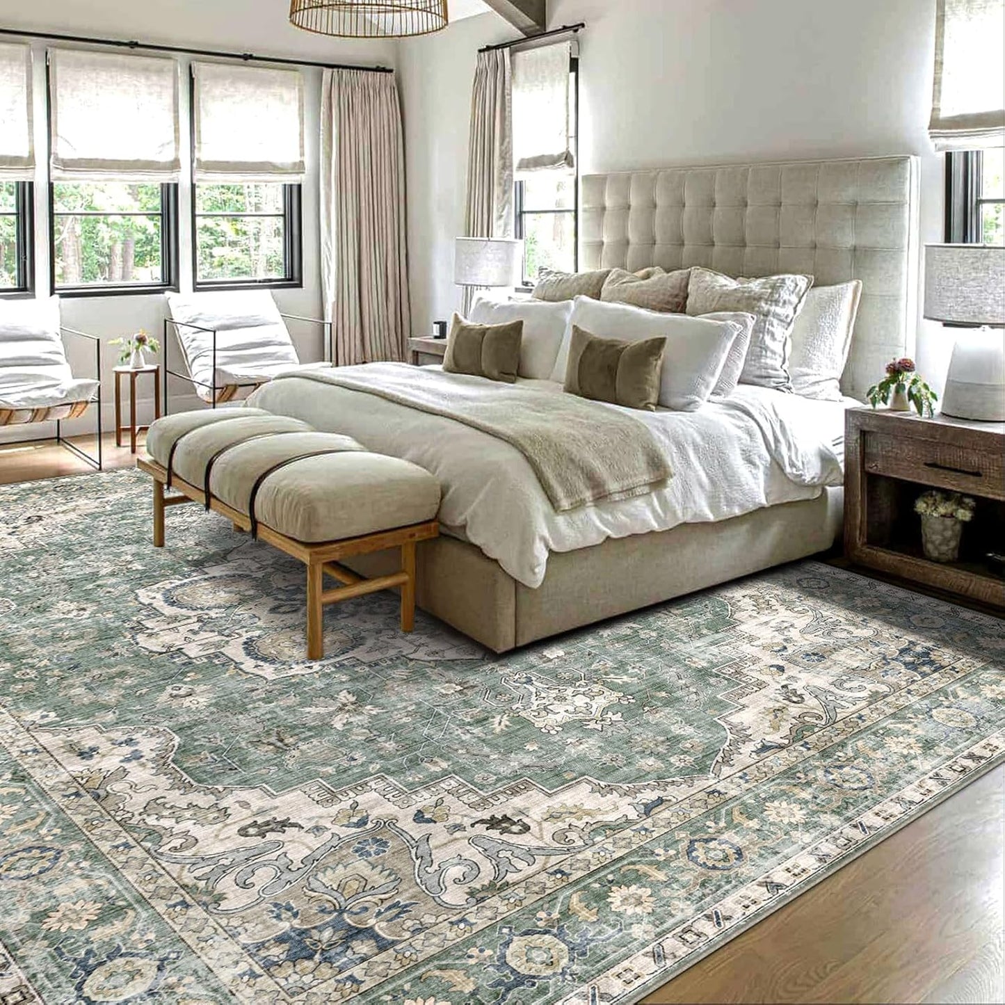 Area Rugs 9x12 Living Room - Large Washable Sage Green Boho Rugs for Bedroom Soft Vintage Rug Ultra-Thin Farmhouse Oriental Carpet Stain Resistant Rug for Dining Room Guest Room Home Decor