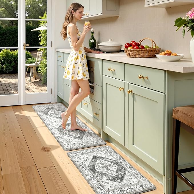 KIMDOE Kitchen Rugs 2PCS Cushioned Anti Fatigue Kitchen Mat Non-Skid Waterproof Kitchen Runner Rug Ergonomic Comfort Foam Standing Mat for Kitchen Decor,Grey