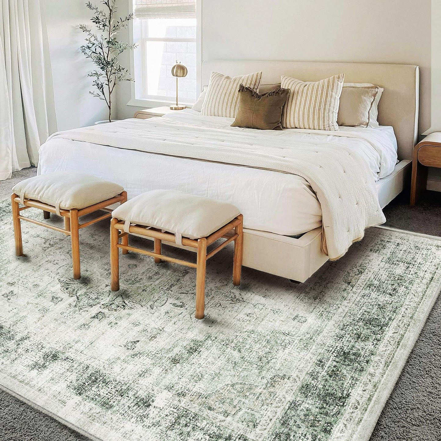 Washable Area Rug 8'x10' Floral Green Retro Boho Design Non-Shedding Non-Slip Easy Care Ideal for High Traffic Areas in Living Room Bedroom Office Coffee Table Kitchen Large Carpet