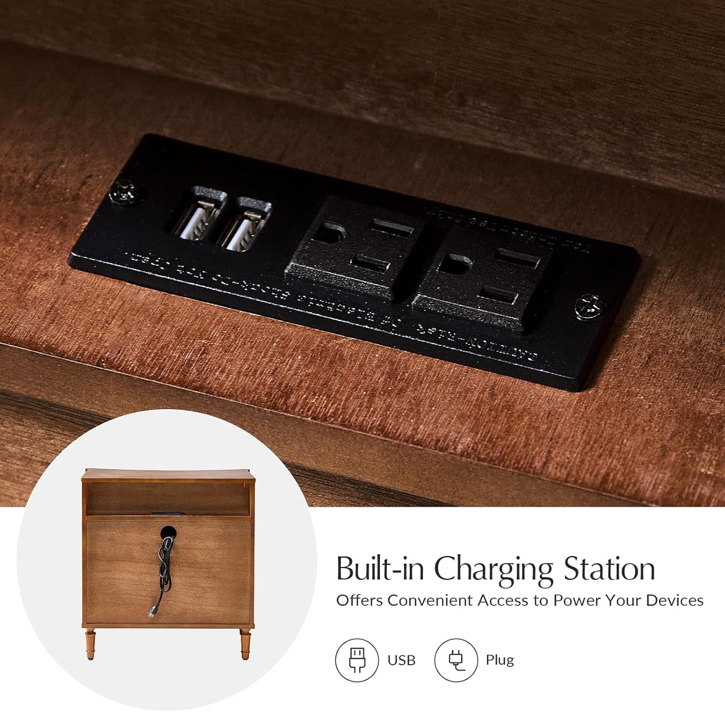 HULALA HOME 3 Drawer Nightstands Set of 2 with Charging Station, 26" Wide Nightstands with Solid Wood Legs and Curved Profile, Classic Bedside Tables for Living Room Bedroom, Walnut