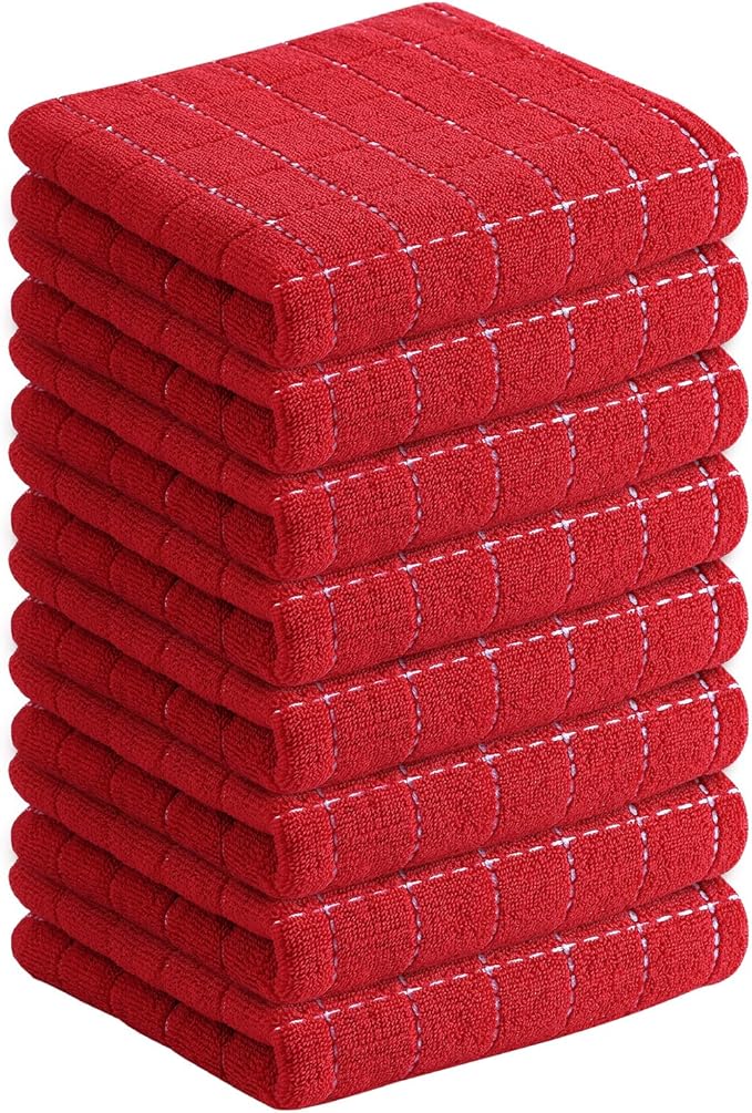 Homaxy 100% Cotton Terry Kitchen Towels(Red, 13 x 28 inches), Checkered Designed, Soft and Super Absorbent Dish Towels, 8 Pack