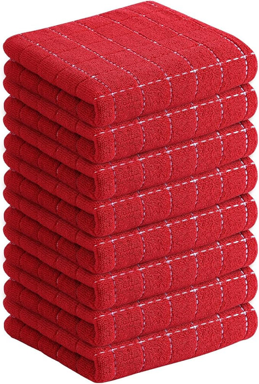 Homaxy 100% Cotton Terry Kitchen Towels(Red, 13 x 28 inches), Checkered Designed, Soft and Super Absorbent Dish Towels, 8 Pack