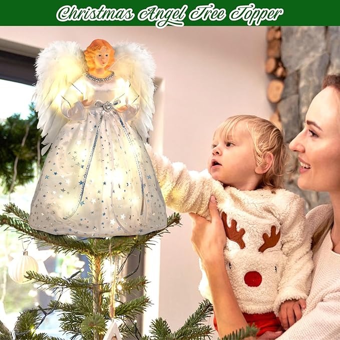 Angel Christmas Tree Topper with Light, Lighted Tree Toppers Christmas Decorations, Elegant and Durable, Perfect for Holiday Home Decor and Gifts, White, WOKEISE