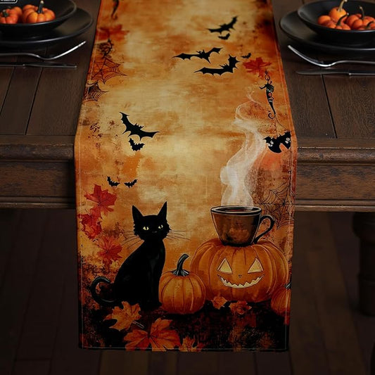 Halloween Table Runner with Black Cats, Bats & Pumpkins, Table Decoration for Dining Party and Home Decor,96x13 inches