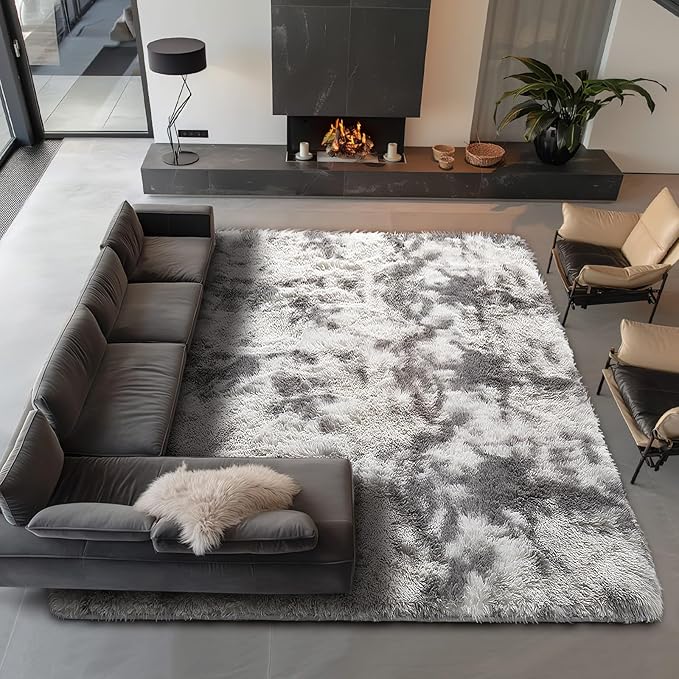 Ophanie Area Rugs 9x12 Living Room, Large Tie-Dyed Grey&White Bedroom Carpet, Big Shag Indoor Thick Soft Nursery Rug, Fluffy Carpets for Boy and Girls Room Dorm Home Decor Aesthetic