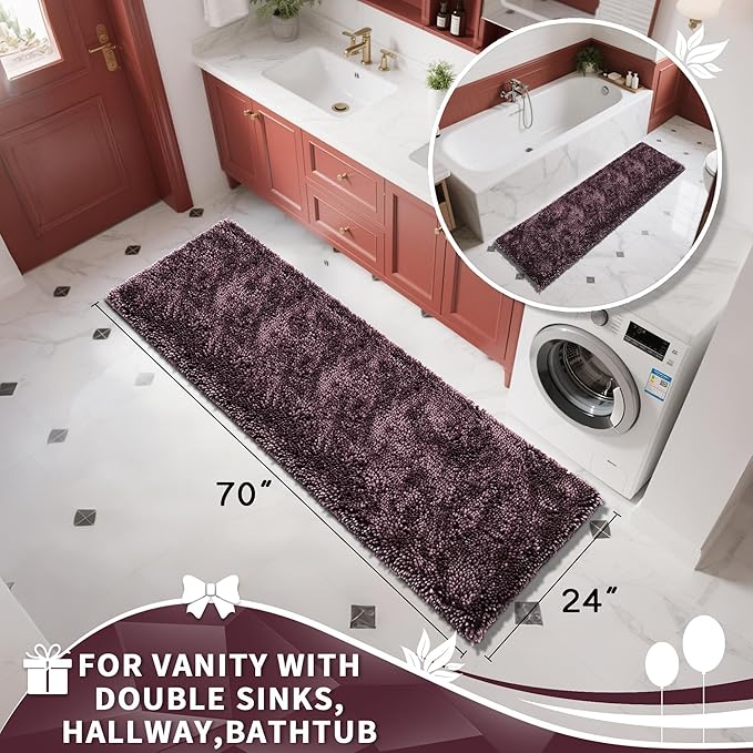 Yimobra Long Bathroom Rugs Runner 70x24 Inch, Extra Thick Soft Absorbent Chenille Bath Mat, Non Slip Machine Washable, Quick Dry Bath Rugs for Bathroom Floor, Tub and Shower, Purple Grey