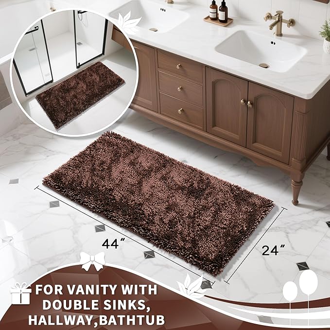 Yimobra Long Bathroom Rug Non Slip 44x24 Inch, Extra Thick Soft Absorbent Chenille Bath Mat, Machine Washable Quick Dry Bath Rugs for Bathroom Floor, Tub and Shower, Home Decor Accessories, Brown